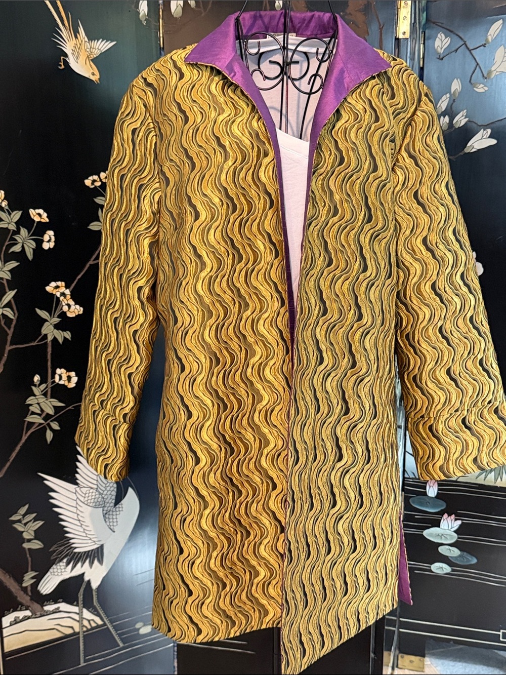 Grace Chuang NY Avant Garde Textured Jacket Purple Gold XXL wavy open front